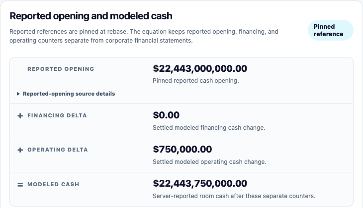Actual research UI: cash summary separating reference balances from modeled cash changes